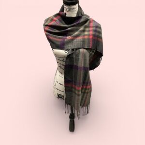 Beautiful classic cashmere blend scarf olive pink purple plaid tassels soft warm